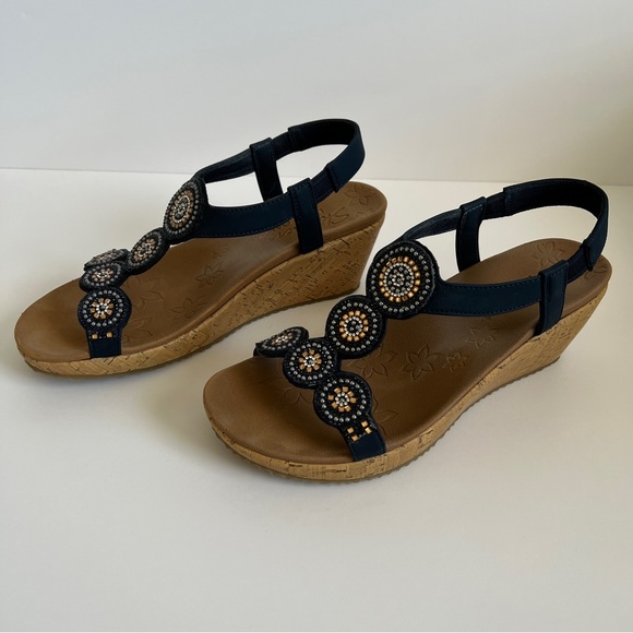 Skechers Beverlee Date Glam Wedge Sandals Navy Rhinestone Beaded Size 9 - Picture 4 of 8